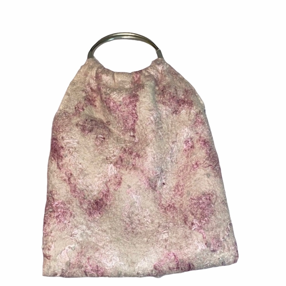 Fuzzy Pink Purse Bag Wristlet Silver Ring Handle Night Out Retro Pouch